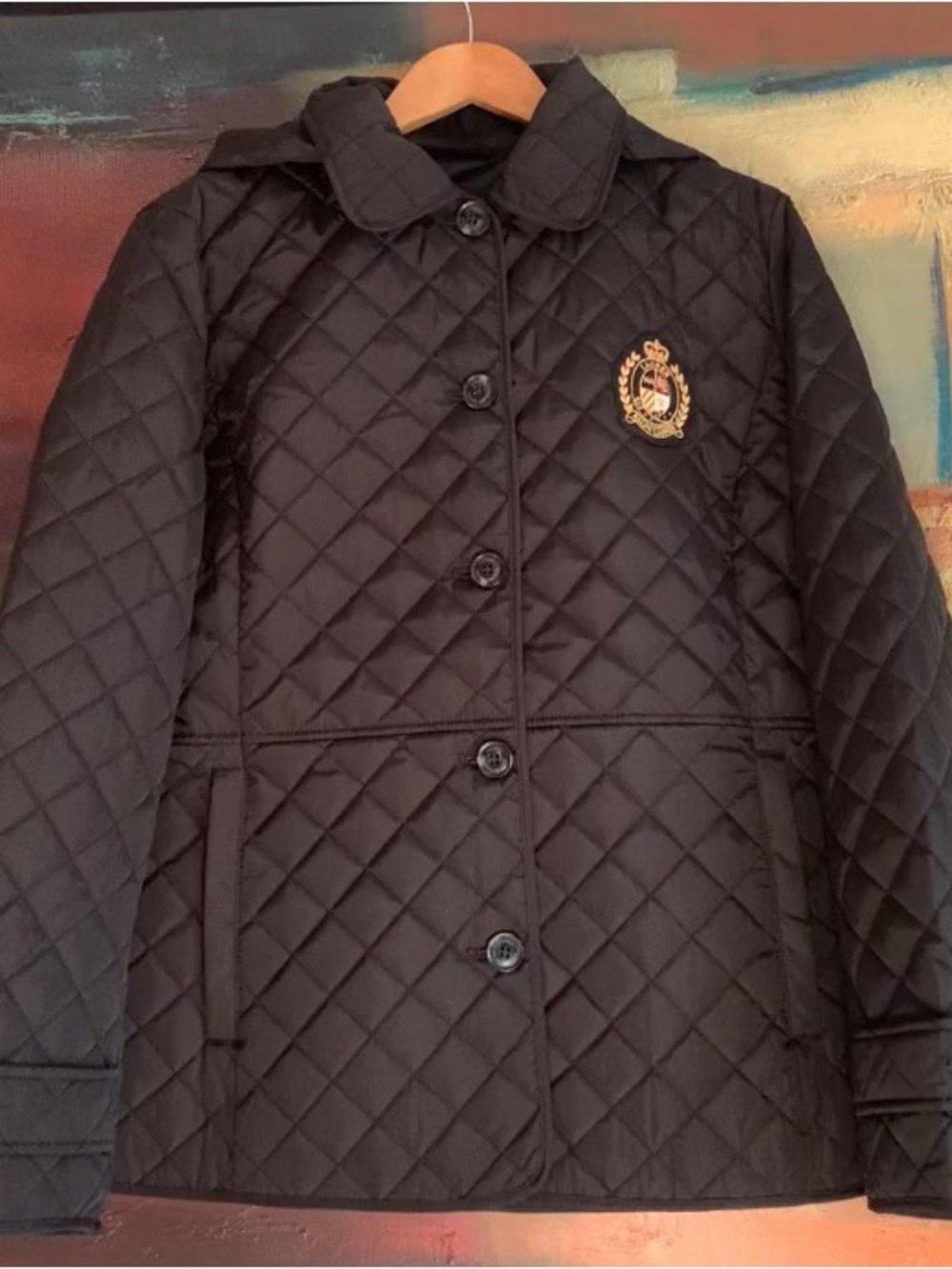 NWT Ralph Lauren Black Quilted Crest Logo Jacket with Removable Hood,  Sz L (M)